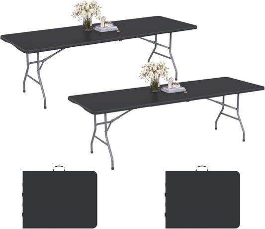 2 Pack 8FT Black Folding Table for Outdoor, 8 Foot Picnic Tables No Assembly Required Portable, Black Foldable Table for Camping, Parties, Meeting, Events, Wedding, with Carrying Handle