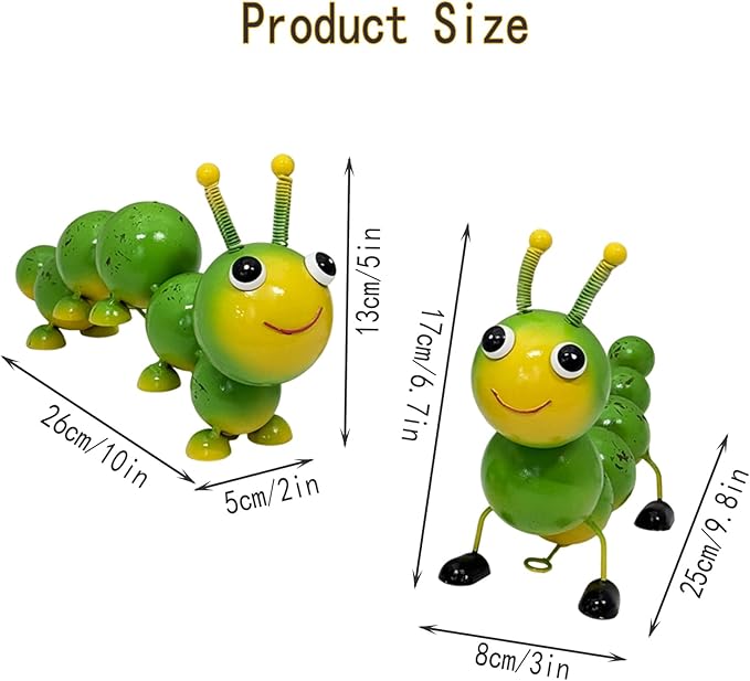 Metal Caterpillar Statue Yard Art Garden Decor, 2 Pack Handcrafted Cute Caterpillar Ornaments for Outside Fence Patio Lawn Garden Courtyard,Gift for Family,Friends,Garden Lovers (Green)
