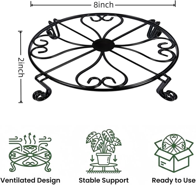NSYOOMH 2 pack 8" Rustproof Black Metal Plant Stands Heavy Duty Plants Holder Outdoor Indoor, Round Wrought Iron Sturdy Flower Planter Pot Stand, Corner Gardening Inside Potted Plant Riser - 8Inches
