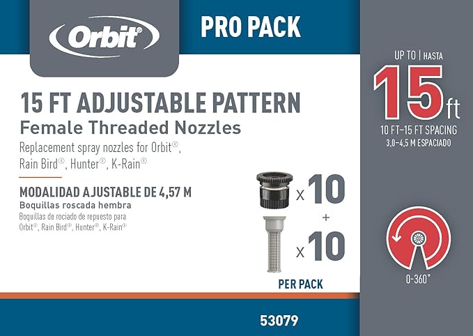 Orbit 53079 15' Adjustable Pattern Spray Sprinkler Nozzle 10-Pack
