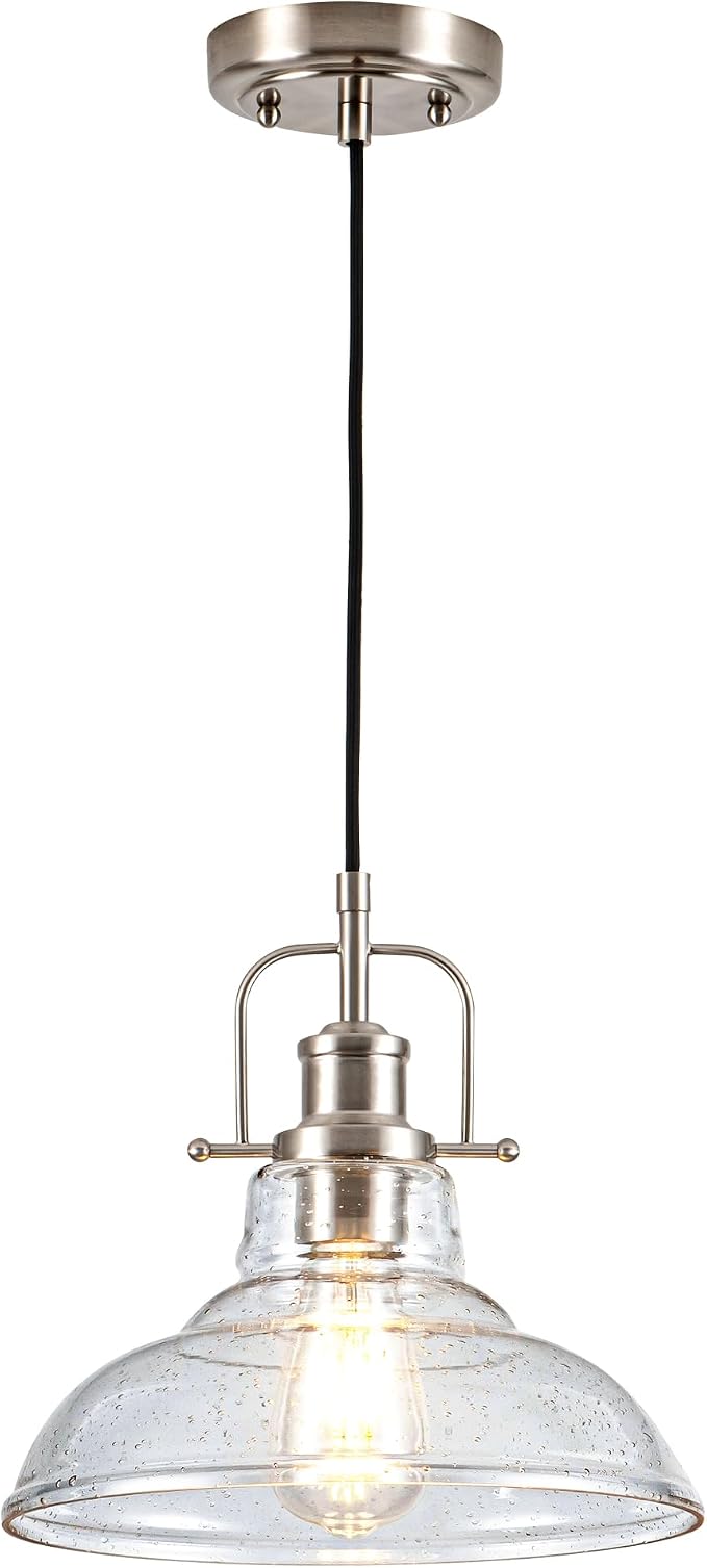 Zlepmlla Modern Glass Pendant Light，Farmhouse Industrial Light Fixture with Adjustable Cord, Seeded Glass Shade, Hanging Lights for Kitchen Island,Hallway, Dinning Room
