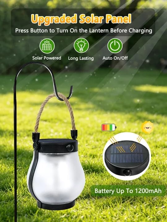 2 Pack Solar Lights Outdoor Waterproof, Solar Lantern with Dancing Flame, 2 Lighting Modes, Dual Charging USB & Solar Powered, with Hanging Rope Handle for Patio Yard Camp Garden Tree Tabletop Decor