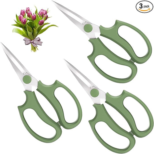 Housolution Flower Scissors, Strong Floral Shears,3PCS Premium Steel Garden Pruning Shears Floral Fruits Leaf Scissors Hand Pruner Snip Trimming Tool for Gardening Flower Arrangement, Green