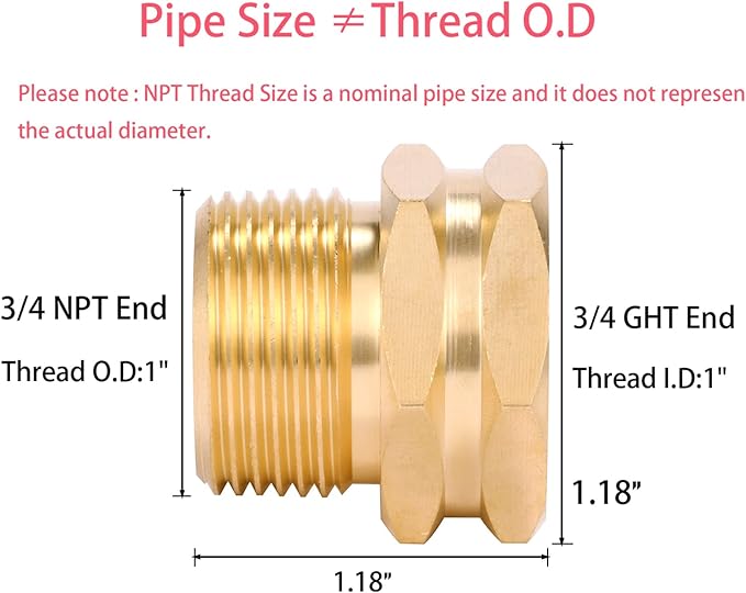 2 Pack Brass Garden Hose Adapter, 3/4" GHT Female x 3/4" NPT Male Connector,GHT to NPT Adapter Brass Fitting,Brass Garden Hose to Pipe Fittings Connect