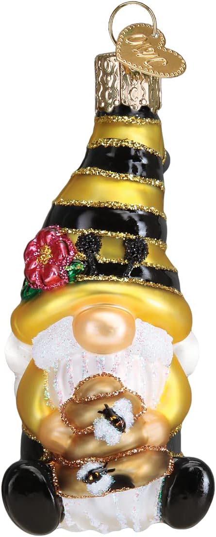 Old World Christmas Bee Happy Gnome Glass Blown Ornament for Christmas Tree, Handcrafted Holiday Decoration, Gnome Collection