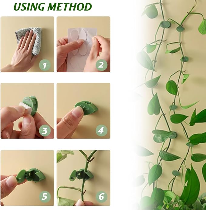 GXXMEI 200PCS Plant Climbing Wall Fixture Clips Self-Adhesive Hook Vines Traction Clips Invisible Holder Garden Green Leaf Simulation Self-Adhesive Hook Wire Fixing Supporting