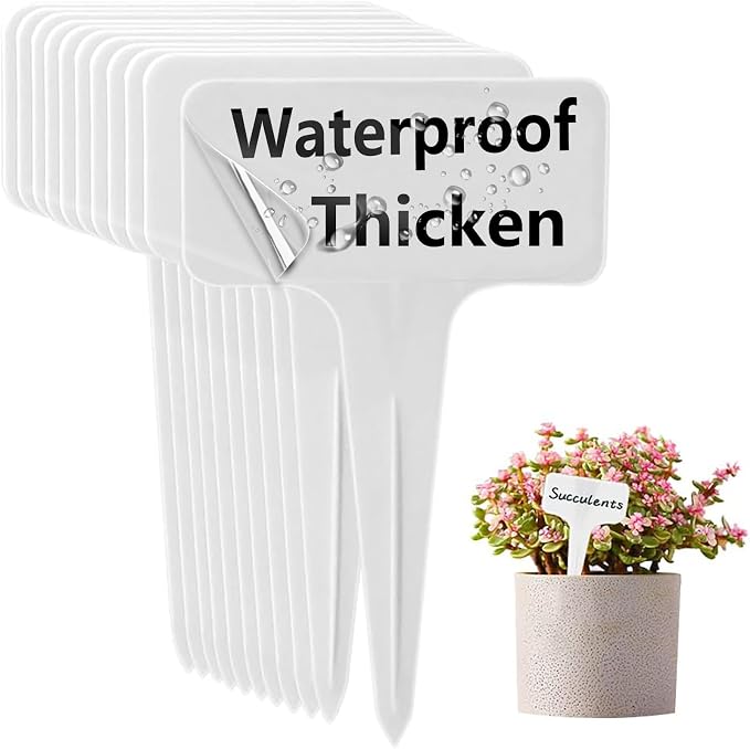DaTpuik 100 PCS White Plastic Plant Tags Thick Gardens Labels T-Type Nursery Markers Re-Usable