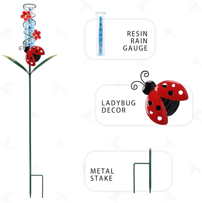 MUMTOP Rain Gauge Outdoor, 35 Inch Large Number Easy Read Water Measure Gauge for Lawn, Yard and Garden(Ladybug)