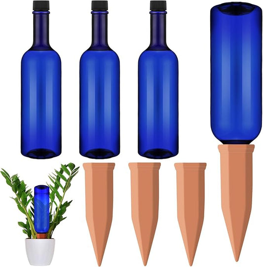 SiliFine 3 Sets Plant Watering Devices Include Terracotta Self Watering Spikes and 26 oz Plastic Bottles, Slow Release Vacation Insert Automatic Plant Waterer Device (Blue and Terracotta)