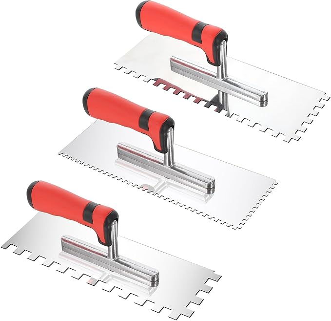 3 Pieces Tile Tools Stainless Steel Square Notched Trowel Set (Notch Size: 5/32" & 5/16" & 1/2") Masonry Hand Kit for Wall Floor Tiling Installation, Concrete Tile Trowel Set