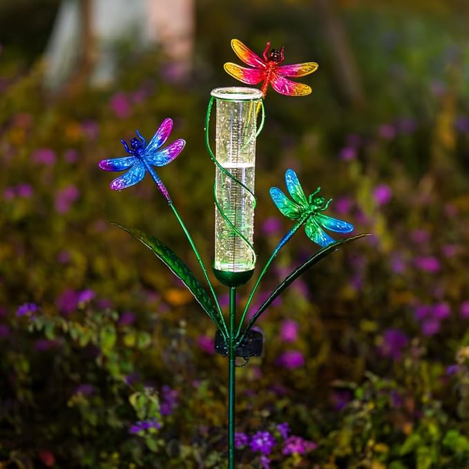 Stargarden Rain Gauge Outdoor, Dragonfly Solar Rain Gauge with 7" Plastic Tube, Decorative Rain Gauge for Yard Garden Patio Lawn