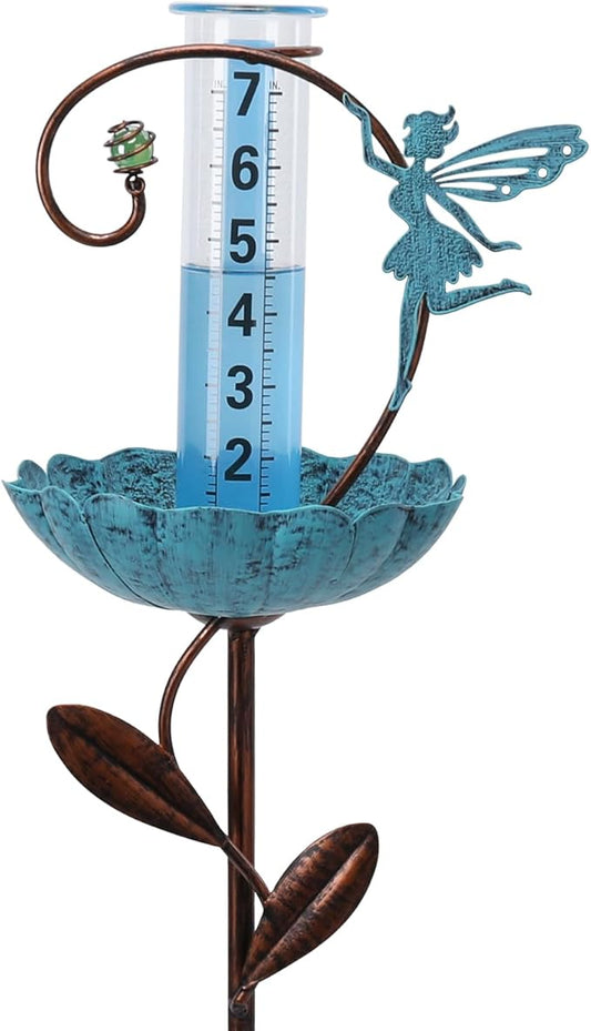 WONDER GARDEN Rain Gauge Outdoor, Decorative Fairy Rain Gauges Outdoors Best Rated, Freeze Proof Glass Water Rain Measure Gauge with Bird Feeder for Yard Patio Lawn Decor