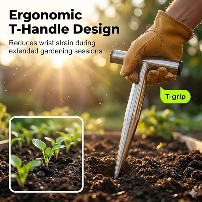Plant Hole Digger for Planting, 2026 New T Wooden Handle, Seed Planter Tool for Plant Labels, for Self Watering Stakes, Hand Held Bulb Planter for Tulip Daffodil Crocus Garden Tool (S Solid)
