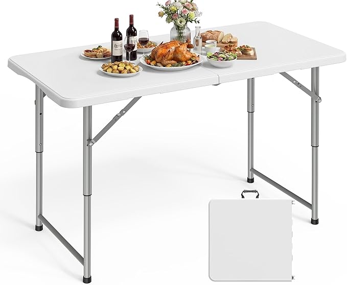 Pureegg 4FT Folding Table - No Assembly Required, Versatile Dining Table with Carrying Handle & Tabletop Safety Lock, Portable Foldable Table for Party, Craft, Camping, Picnic, White