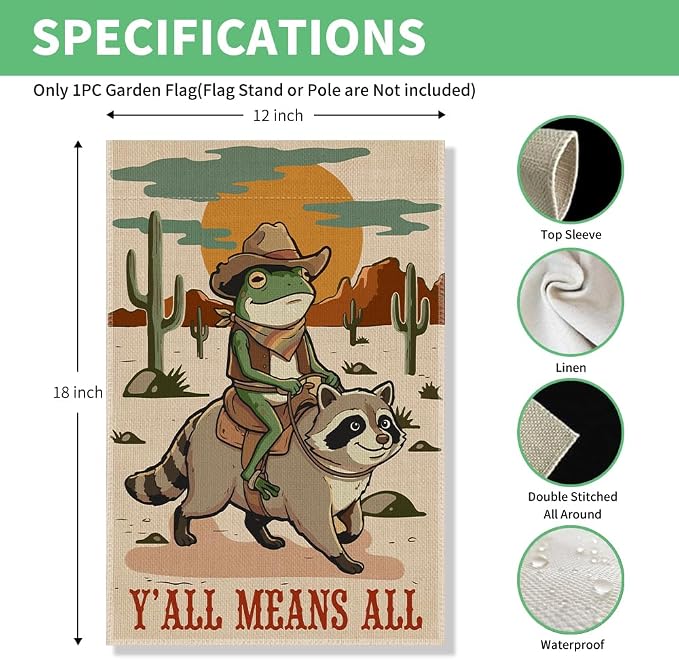 Perfectinsoy Y'all Means All Funny Garden Flag, LGBTQ Pride Inclusion Equality Human Rights Yard Banner, Retro Frog Flags, Welcome Yard Farmhouse Patio Lawn Western Outdoor Decor