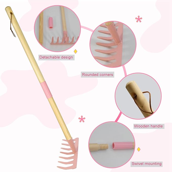Kids Garden Lawn Tine Rake-Small Lawn Heavy Rake with Metal Tines, 28.8 inches/73cm Length, Wooden Handle, for Kids Garden Labor (Pink)