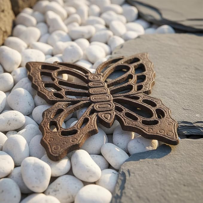 Comfy Hour 11" Vintage Brown Butterfly Cast Iron Stepping Stone, Rustic Antique Figurine Style Home Decor, Heavy Duty Metal Garden Pathway Paver