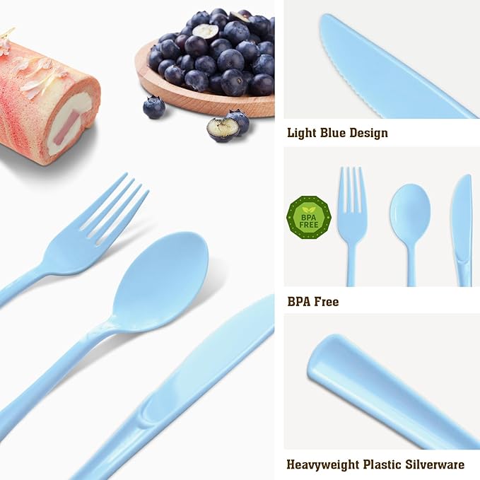 50 Pcs Baby Blue Plastic Forks Disposable Baby Blue Cutlery Heavy Duty Plastic Silverware 50 Disposable Forks for Brithday, Wedding, Baby Shower, Graduation Party, BBQ