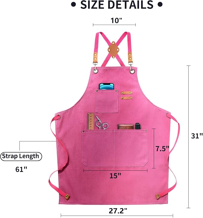 ZOMAO Apron for Women,Baking Kitchen Cooking Apron with Pockets, Cotton Canvas Cross Back Apron with Adjustable Strap and Large Pockets,BBQ Drawing Crafting Aprons for Women Chef (Pink)