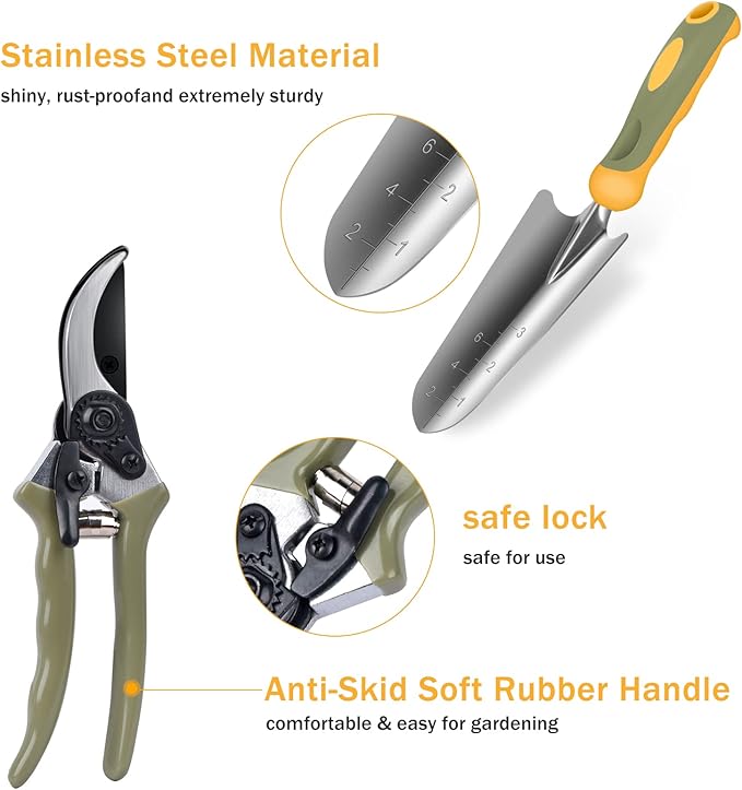 Garden Tool Set, WisaKey 9 Piece Stainless Steel Heavy Duty Gardening Hand Tools Durable Garden Tool Bag Gardening Gifts for Women and Men Fathers Day for Dad Husband