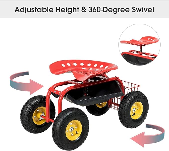 S AFSTAR Rolling Garden Seat, Outdoor Lawn Yard Patio Work Seat with Heavy Duty Wheels, Swivel Seat, Tool Tray & Basket, Garden Cart Wagon Scooter (Red)