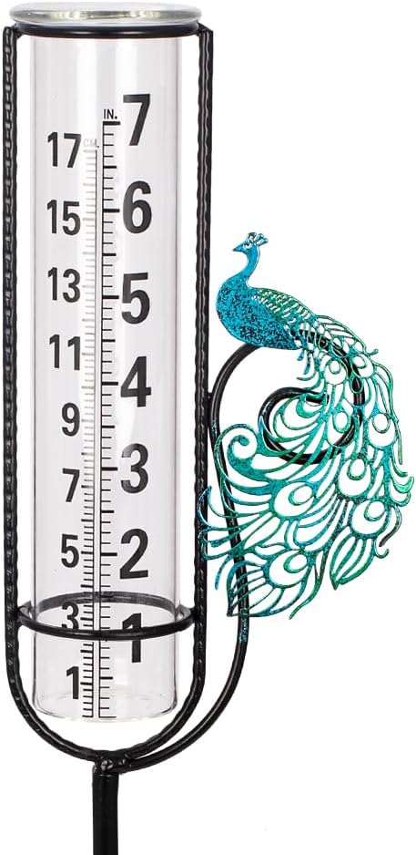Stargarden Rain Gauge, Outdoor Peacock Rain Gauge, 7 Inch Tube Rain Measure Tool for Yard, Lawn, Garden Decor