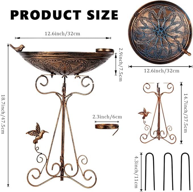 Bird Bath Large Bird Bath for Outside,Garden Bird Baths for Outdoors with Metal Pedestal Birdbath Vintage Bird Feeder Birdbaths Bowl with Folding Bracket