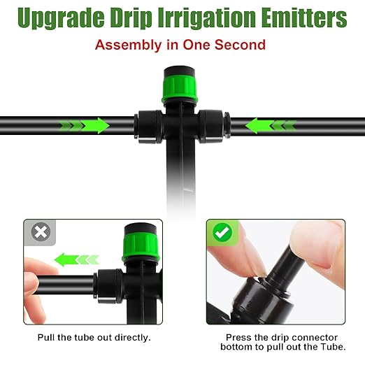 Kalolary Drip Irrigation Emitters, 30pcs Adjustable 360 Degree Water Flow Emitters for 1/4" Tubing, Two-Way Connection Irrigation Drippers for Garden, Lawn, and Greenhouse Watering Systems(Green)