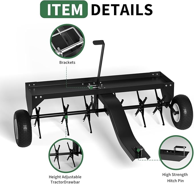 Heavy-Duty 48" Tow Behind Plug Aerator, 48" Working Width Core Aerator with 150 Lb Weight Tray, 24 Steel Tines & Inflatable Wheels, Universal Hitch Soil Aeration Tool for Lawn Tractor, ATV & Farm