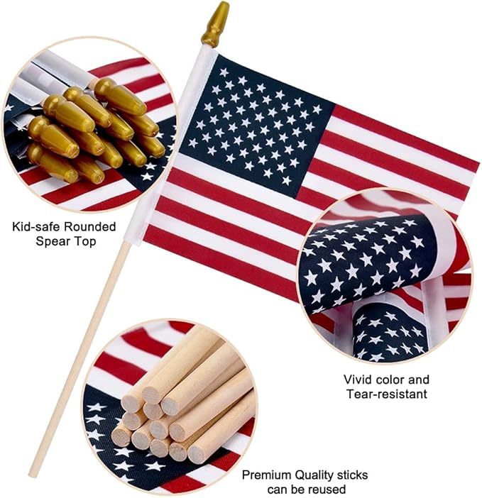 12 Pack Small American Flags on Stick Small US Flags/Mini American Flags for Outside 8x12 Inch American Hand Held Stick Flags with Kid-Safe Spear Top, Patriotic Veterans Day Decorations, 4th of July Decorations