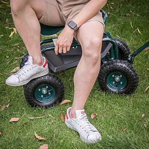KINTNESS Garden Cart Seat Rolling Scooter Wagon with Extendable Steering Handle Swivel Seat & Utility Basket (Green