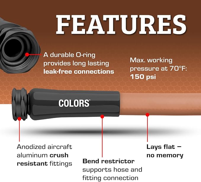 Flexzilla Colors Lead-In Garden Hose 5/8in. x 5ft., Lightweight All-Weather Water Hose, Durable and Flexible, Leak-Free Connections, Red Clay