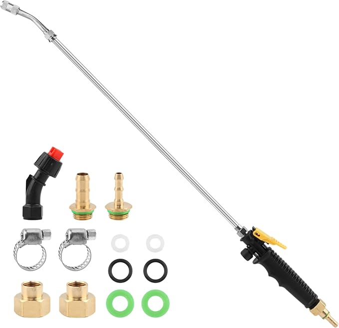 28 Inch Sprayer Wand, 1/4" & 3/8" Brass Barbs Universal Hose Sprayer Wand Replacement,Stainless Steel Wand with Shut off Valve Hose Clamps and Quick Connector
