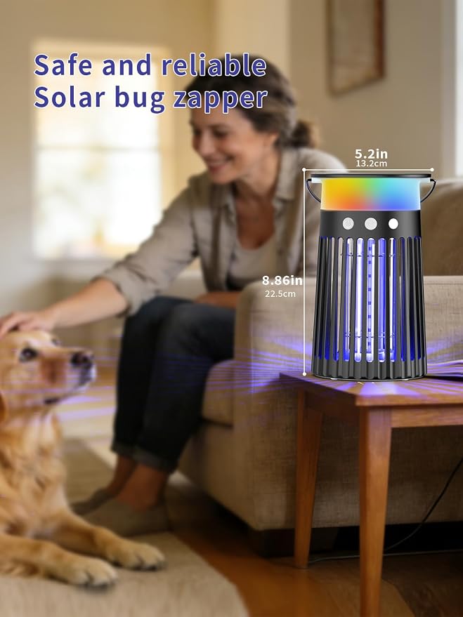 NEXLY SJZ-091 Solar Bug Zapper Portable Outdoor Waterproof Mosquito Killer Light Indoor Home Rechargeable Fruit Fly Trap Lamp 4200V Electric Gnat Traps for Room Garden Courtyard Kitchen Camping Patio
