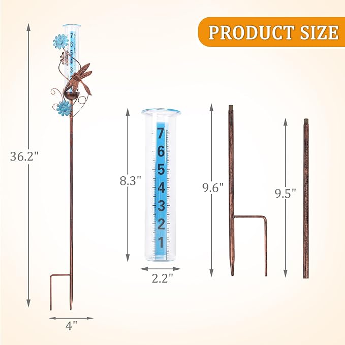 WONDER GARDEN Rain Gauge Outdoor, Decorative Rain Gauges Outdoors Best Rated with Dragonfly and Flower, Freeze Proof Water Rain Measure Gauge for Yard Patio Lawn Garden Decor