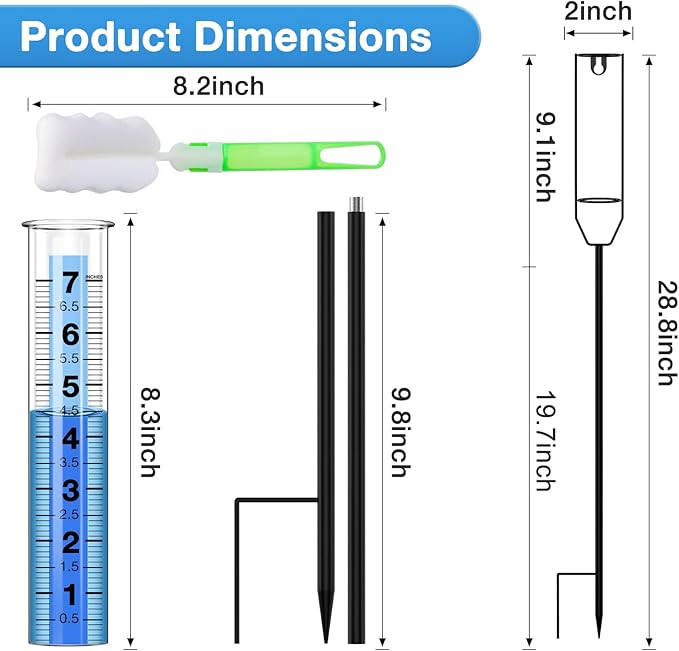 BoArt Rain Gauge, 7" Freeze-Proof Thickened Transparent Plastic Rain Gauge Outdoor, Large Clear Numbers and Adjustable Height Rain Measuring Tool for Garden, Lawn, Patio, and Farm Use