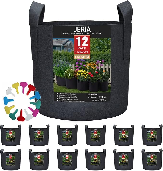 JERIA 12-Pack 3 Gallon Grow Bags, 300G Thickened Nonwoven Garden Pots,Heavy Duty Fabric Pots with Reinforced Handles