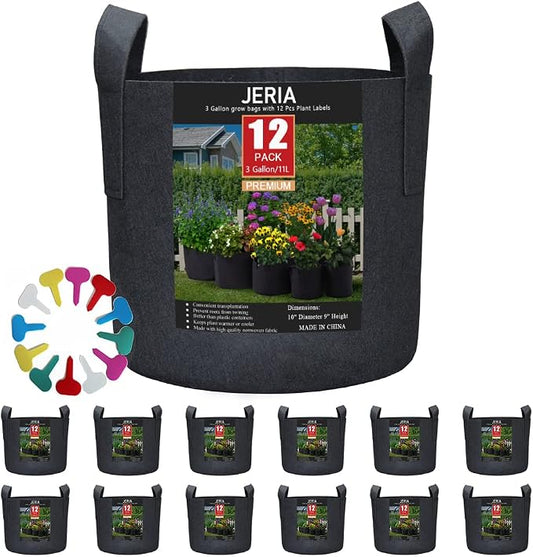 JERIA 12-Pack 3 Gallon Grow Bags, 300G Thickened Nonwoven Garden Pots,Heavy Duty Fabric Pots with Reinforced Handles