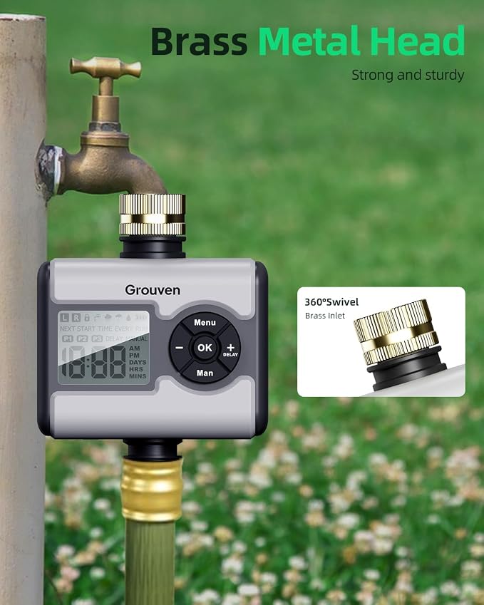 LCD Digital Water Timer with Brass Inlet Sprinkler Timer 3 Independent Programs Ball Valve No Water Pressure Required with Rain Sensor Port & Delay Function for Garden Lawn Irrigation