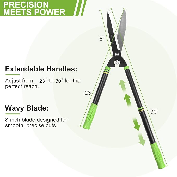 Hedge Shears, Heavy Duty 23-30 Inch Telescoping with Sharp Carbon Steel Blade, Ergonomic 20° Angled Head, Rust-Proof Hedge Trimmer for Shrubs, No Ladder Needed