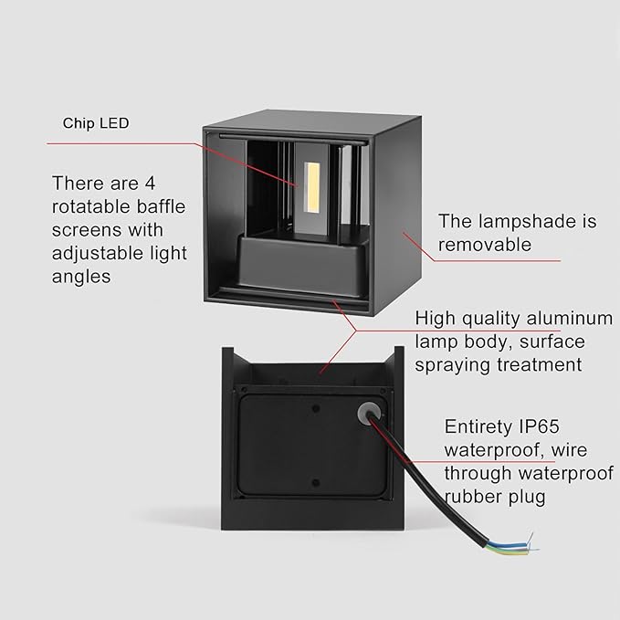 Mille Lucciole 4 Pack Outdoor Wall Lights Exterior/Interior LED Wall Sconces IP65 Waterproof Square Aluminum Wall Lamps Outdoor Lighting Fixture Up and Down Lights Modern Black 12W 3000K Warm Lights