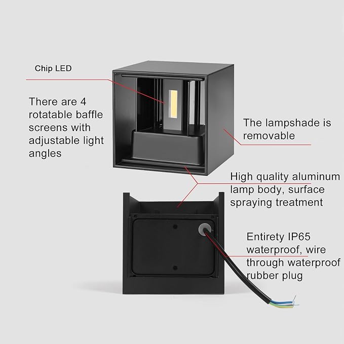 Mille Lucciole 2 Pack LED Outdoor Wall Lights Exterior/Interior, Up and Down Lights IP65 Waterproof Wall Sconces, Square Aluminum Outdoor Wall Lighting Fixtures, Modern Black 12W 3000K Warm Lights