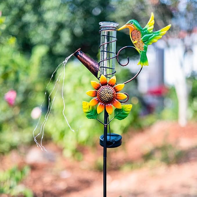 Rain Gauge Outdoor, Solar Hummingbird Rain Gauges, Rust-Proof Fallrain Gauge for Yard, Lawn Pathway, Passage, Patio