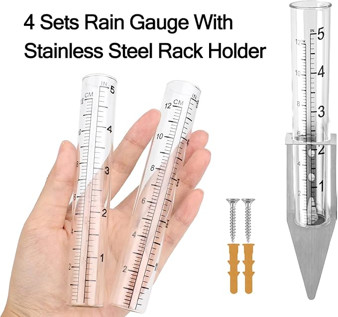 dgudgu 4 Set Rain Gauge Outdoor with Stainless Steel Rack Holder Transparent Rain Guage Plastic Rain Gage for Standing On Filed Or Mounting Wall,Yards, Lawns, Pathway, Patio