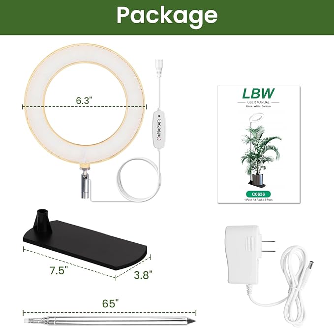 LBW Grow Lights for Indoor Plants, 6.3" Full Spectrum Plant Light with Base, 65" Height Adjustable Grow Lamp, 6/8/12/16H Timer, 3 Colors, 5 Dimmable Levels, for Tall Large Plants, Bamboo Grain, 2 Pack