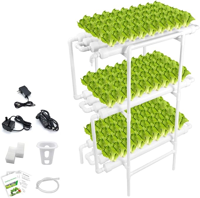 Hydroponic Growing System NFT with Timer Control, PVC Pipe 108 Planting Hole, Garden Water Culture Plant Salad Vegetable with Timer, Square Net Pot, Sponge