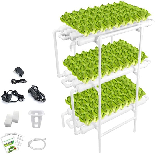 Hydroponic Growing System NFT with Timer Control, PVC Pipe 108 Planting Hole, Garden Water Culture Plant Salad Vegetable with Timer, Square Net Pot, Sponge