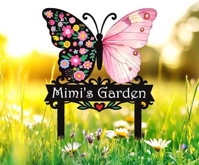 Personalized Metal Yard Sign, Butterfly Metal Stake Decor, Bird & Flower Design, Gift for Garden Lovers, Garden Decor (Pink butterfly)