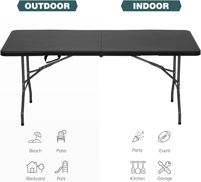 FDW 6 Foot Outdoor Dining Table, Foldable Portable Rectangular Plastic Folding Table with Built in Carrying Handle for Party and Wedding Use, Black Ratten