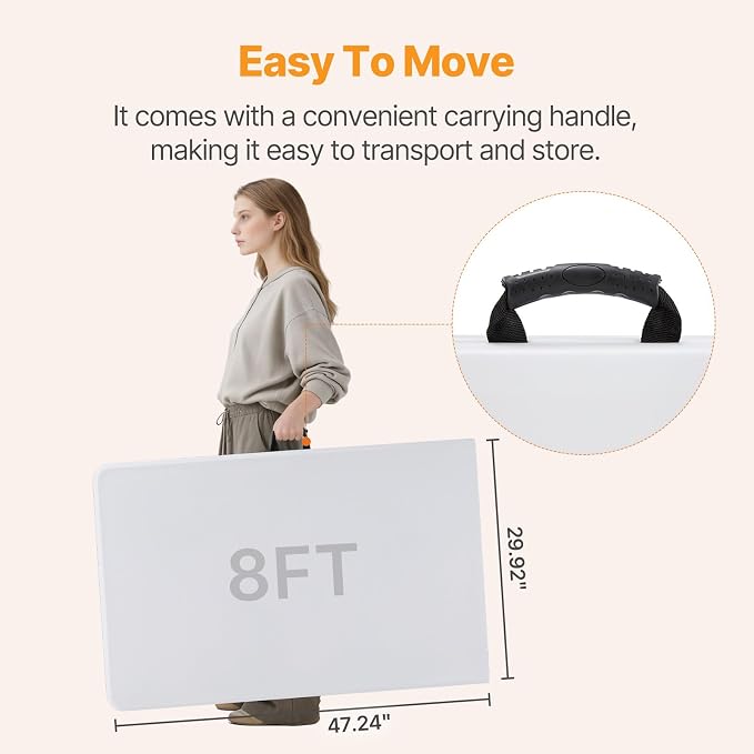 NEWBULIG 8 FT Foldable Table Easy to Fold and Store, Folding Picnic Table for Picnic Camping Kitchen Dining Party Outdoor Indoor with Carrying Handle, White